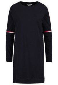 Navyblaues Sweatkleid mit langen Ärmeln, Rundhalsausschnitt, gerippten Bündchen und roten sowie weißen Streifen an den Ärmeln. Weicher Stoff.