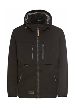 Black jacket with a hood, featuring a zip-front closure, two large chest pockets, and side zip pockets. Made of textured fabric with durable hardware.