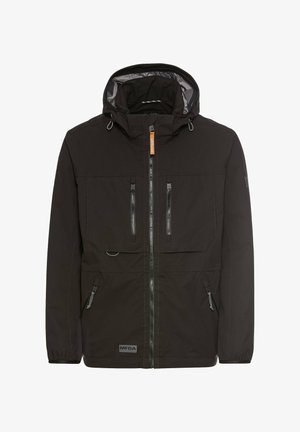 Sort jakke med hætte, med lynlås foran, to store brystlommer og sidelommer med lynlås. Lavet af struktureret stof med holdbart udstyr.