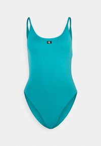 Maillot de bain une pièce turquoise avec bretelles réglables, décolleté haut et un petit logo noir au centre devant. Tissu doux et extensible.
