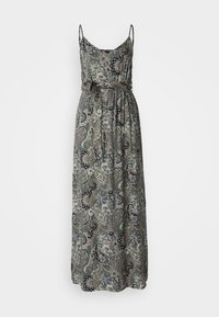 Robe maxi avec de fines bretelles réglables, ornée d'un motif paisley en vert, beige et marine. Fabriquée en tissu léger avec une ceinture à la taille.
