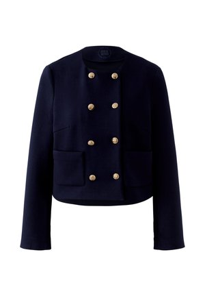 Marineblaue, kurz geschnittene Jacke mit rundem Ausschnitt, langen Ärmeln, zwei Vordertaschen und zwei Reihen mit je sechs goldenen Zierknöpfen.