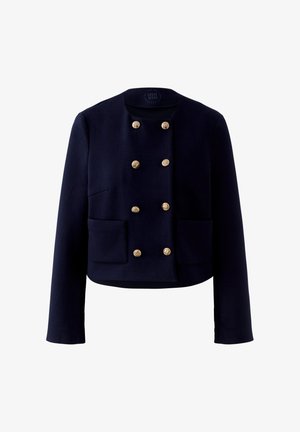 Marineblaue, kurz geschnittene Jacke mit rundem Ausschnitt, langen Ärmeln, zwei Vordertaschen und zwei Reihen mit je sechs goldenen Zierknöpfen.