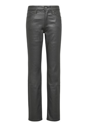 Schwarze Lederhosen mit geradem Bein, glatter Textur, klassischem Fünf-Taschen-Design und subtilen Nähdetails.