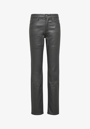 Schwarze Lederhosen mit geradem Bein, glatter Textur, klassischem Fünf-Taschen-Design und subtilen Nähdetails.