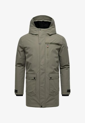 Olivgrüne Parka-Jacke mit einem hohen Kragen, Reißverschluss-Brusttasche, zwei Fronttaschen und schwarzen Manschettenelementen. Verfügt über eine glatte Stofftextur.