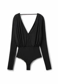 Bodysuit noir à manches longues avec un décolleté en V plongeant, une taille froncée et des pressions à l'entrejambe, posé à plat sur un fond blanc.