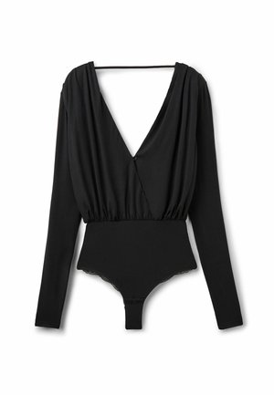 Zwarte lange mouwen bodysuit met diepe V-hals, geplooide taille en drukknoopsluiting bij het kruis, plat gelegd op een witte achtergrond.