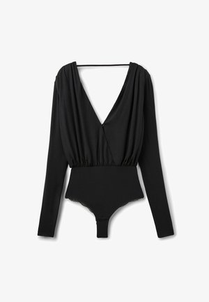 Zwarte lange mouwen bodysuit met diepe V-hals, geplooide taille en drukknoopsluiting bij het kruis, plat gelegd op een witte achtergrond.