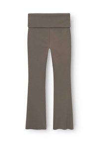 Leggings a forma svasata in un colore taupe scuro attenuato, realizzati in tessuto morbido ed elastico con una ampia vita ripiegata e orlo svasato.