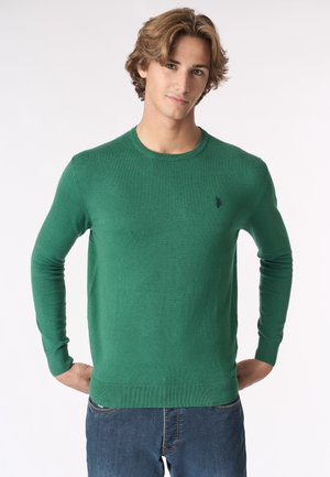 Giovane uomo con capelli ondulati, indossa un maglione verde a maniche lunghe e jeans blu, in piedi con le mani dietro la schiena su uno sfondo bianco.