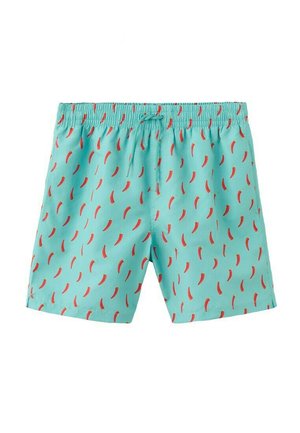 Helle türkisblaue Badeshorts mit elastischem Bund und einem gleichmäßig über den Stoff verteilten roten Chili-Schoten-Muster.