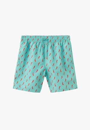 Pantaloncini da nuoto turchese chiaro con cintura elastica e stampa di peperoncini rossi distribuiti uniformemente sul tessuto.