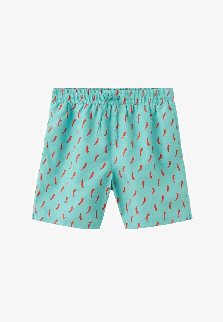 Lahki turkizno modri kopalni hlače z elastičnim pasom in enakomerno razporejenim potiskom rdečih čilijev po tkanini.