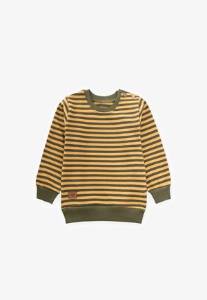 Felpa a righe gialla e verde oliva, con polsini e collo a costine. Due bottoni in legno sulla spalla e un'etichetta tessuta all'orlo.