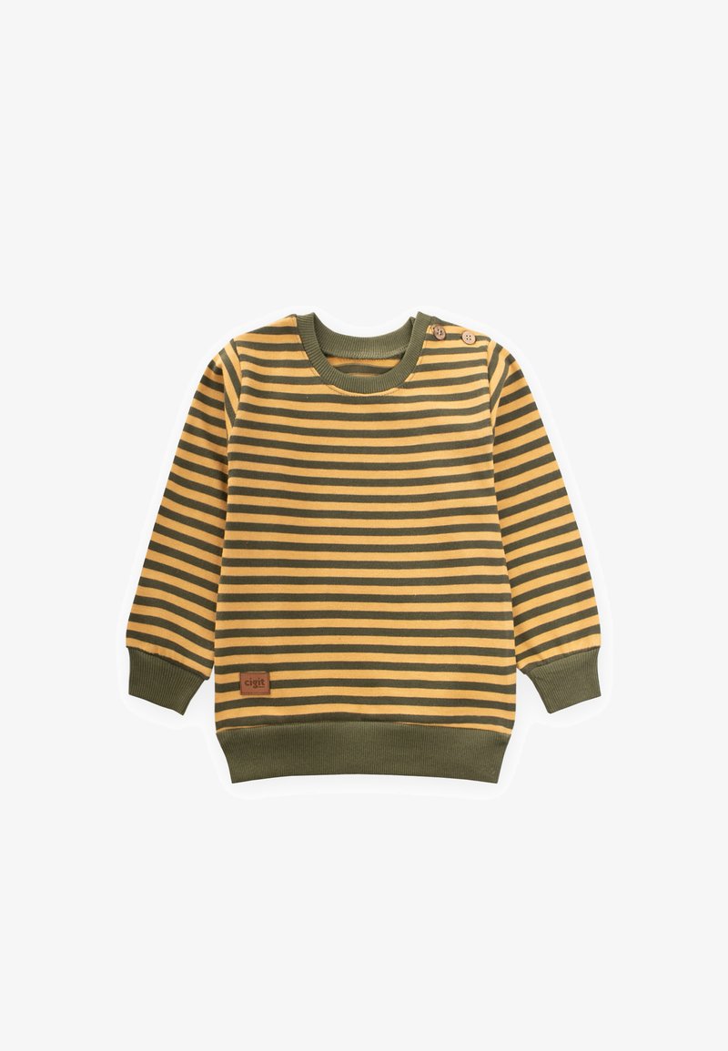 Svītrains džemperis dzeltenā un olīvu zaļā krāsā, ar ribotām aprocēm un apkakli. Divas koka pogas uz pleca un auduma etiķete apakšmalā.