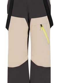 Pantalons pour hommes avec une partie supérieure beige et des sections inférieures gris foncé. Équipés d'une poche zippée sur le côté avec une fermeture éclair jaune. Fabriqués en matériau imperméable.