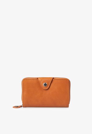 Rectangular tan leather wallet with zipper closure and a snap button flap on the front, set against a white background.