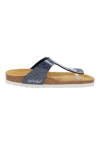 Blå glittrig flip-flop sandal med en korkfotbädd och vit yttersula. Har en texturerad rem och en svart detalj på tån.