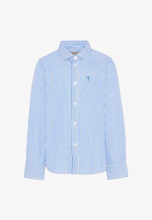 Chemise à rayures verticales bleues et blanches à manches longues, avec col et poche poitrine brodée d'une petite figure bleue.