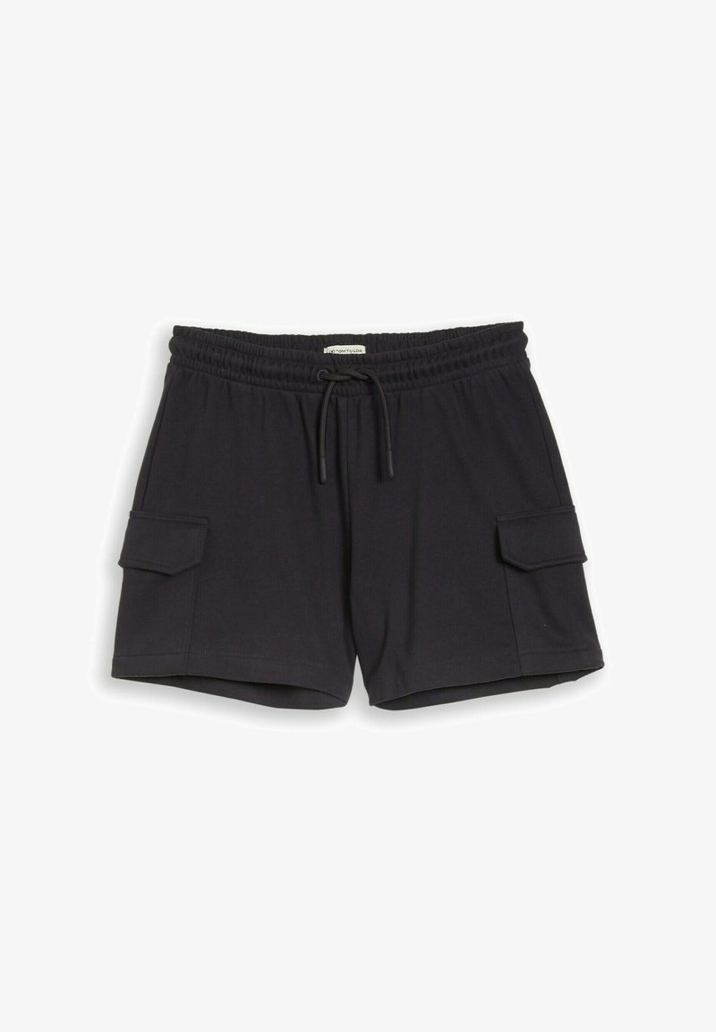 Shorts noirs décontractés avec ceinture élastique, cordon de serrage et deux poches cargo à rabat sur les côtés, conçus pour le confort et l'utilité.