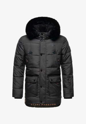Sort polstret jakke med hætte med pelskant, der har frontknaplukninger, to sidelommer og et logo på brystet og kanten.