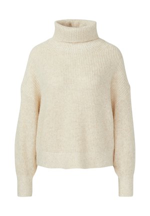 Kremowy sweter z golfem o prążkowanej fakturze i opuszczonych ramionach. Miękki dzianinowy materiał oraz luźny, krótki fason.