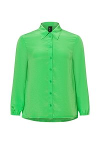 Groene, lange mouw shirt van lichtgewicht, glanzende stof. Heeft een kraag, knoopsluiting aan de voorkant enGathered cuffs. Minimalistisch ontwerp.