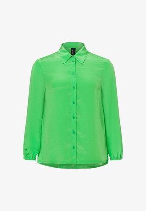 Groene, lange mouw shirt van lichtgewicht, glanzende stof. Heeft een kraag, knoopsluiting aan de voorkant enGathered cuffs. Minimalistisch ontwerp.