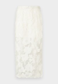 Witte midi-rok van bloemenkant met een elastische tailleband, voorzien van een geschulpte zoom en een gelaagde textuur voor een delicate uitstraling.