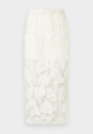 Weißer Blumen-Spitzen-Midirock mit elastischem Bund, der einen gezackten Saum und eine geschichtete Textur für ein zartes Erscheinungsbild aufweist.