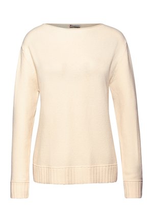 Cremefarbenes Sweatshirt aus weichem Stoff mit weitem Ausschnitt, langen Ärmeln und gerippten Bündchen sowie Saum für zusätzliche Textur.