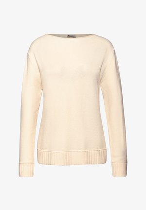 Kremowy sweter wykonany z miękkiego materiału, z szerokim dekoltem, długimi rękawami oraz ściągaczami przy mankietach i na dole, które dodają faktury.