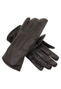 Schwarze Lederhandschuhe mit einer glatten Textur, ausgestattet mit einem Dreiteil-Design und dekorativen Nähten an den Fingern und am Handgelenk.