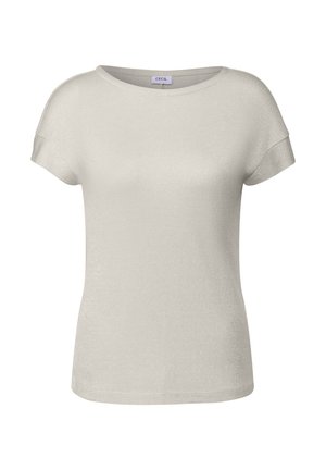 T-shirt grigio chiaro a maniche corte in un tessuto liscio e leggermente lucido con scollo rotondo. Presenta una vestibilità rilassata e bordi delle maniche arrotolati.