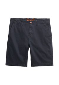 Marineblå shorts lavet af vævet stof, med knaplukning, forlommer og et logo-label på taljen med orange detaljer.