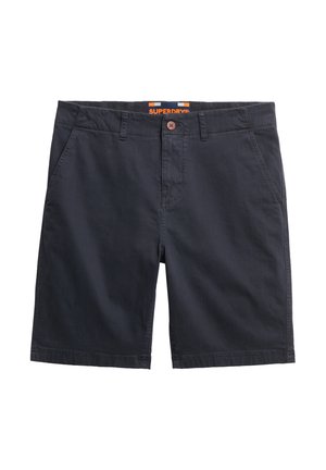 Marineblå shorts lavet af vævet stof, med knaplukning, forlommer og et logo-label på taljen med orange detaljer.
