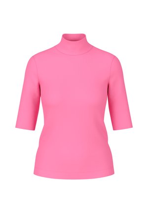 Bright pink short-sleeve turtleneck top with a smooth texture, fitted cut, and elbow-length sleeves.