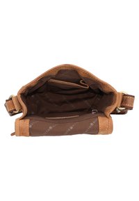 Borsa a mano in pelle marrone con dettagli in pelle beige; l'interno presenta una fodera in tessuto liscia, una tasca con zip e un motivo con logo del marchio.