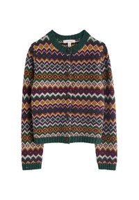 Pintelėta kardiganas su daugiaspalvėmis geometrinėmis raštinėmis purpurine, žalia, geltona ir balta spalvomis, su žalia apykakle ir mediniais sagomis.