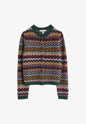 Gilet en tricot avec un motif géométrique multicolore en violet, vert, jaune et blanc, avec un col vert et des boutons en bois.
