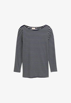 Navy and white striped long-sleeve shirt with a wide neckline and soft texture. Horizontal stripes of varying widths create a simple pattern.