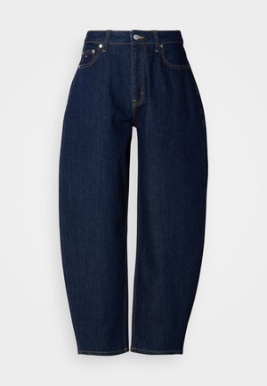 Jeans din denim de culoare albastru închis, cu o croială confortabilă, picioare drepte, design cu cinci buzunare și cusături galbene contrastante. Închidere cu nasture metalic la talie.