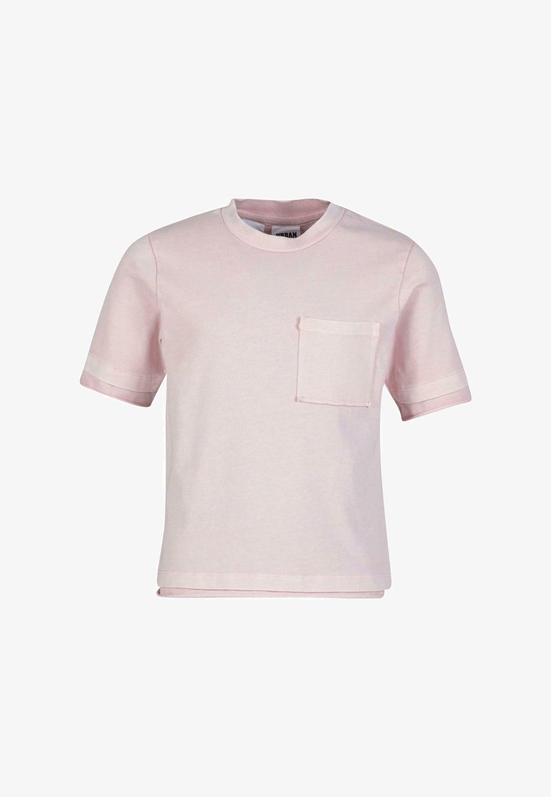 T-shirt en coton rose clair à manches courtes, avec un col rond et une poche poitrine. Présente un ourlet droit et des détails de couture contrastés.