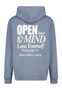 Hooded sweatshirt in light blue cotton, featuring large white text and graphic designs on the back. Ribbed cuffs and hem.