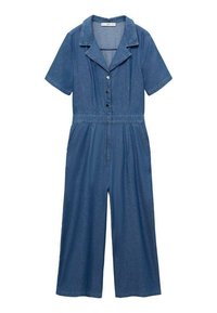 Denim overal s krátkymi rukávmi, golierom, prednými gombíkmi a bočnými vreckami. Má voľný strih a skrátené široké nohavice. Farba: modrá.