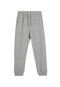 Pantalones de chándal de algodón gris con textura acanalada, cintura elástica y cierre con cordón. Con bolsillos laterales y puños ajustados.