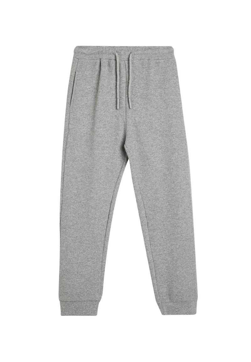 Pantalones de chándal de algodón gris con textura acanalada, cintura elástica y cierre con cordón. Con bolsillos laterales y puños ajustados.