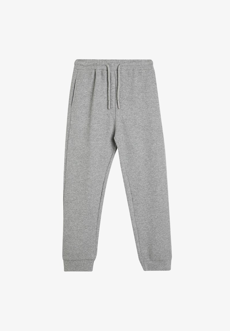 Gray cotton sweatpants with a ribbed texture, elastic waistband, and drawstring closure. Features side pockets and tapered cuffs.