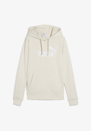 Beige hoodie van zacht materiaal, met een groot wit "PUMA" logo en een voorste buidelzak. Voorzien van een verstelbare capuchon.